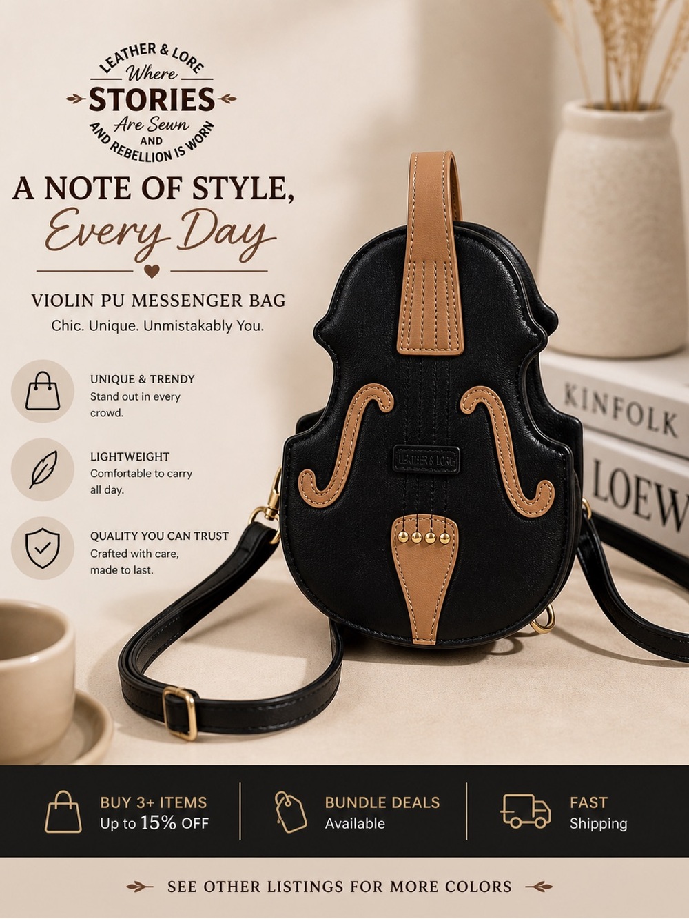 Violin Shaped Crossbody Bag Black | Chic Statement Mini Purse Music Lover Gift